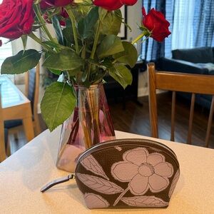 Vera Bradley Mini Dome Cosmetic Bag Appliqué Floral Coffee Bean in Leather